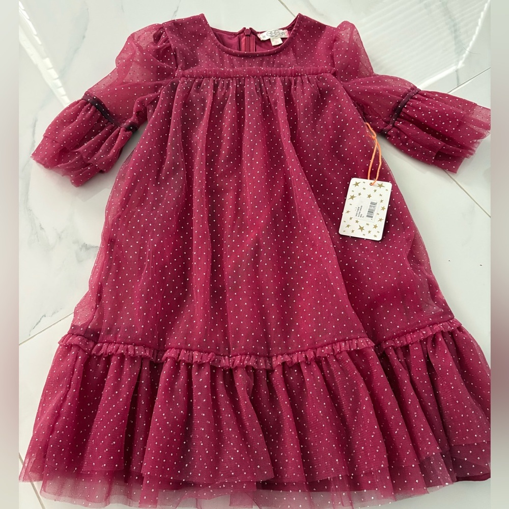 Egg New York Girls Size 7 Elegant Burgundy Kids Tulle Sparkle Dress, NWT